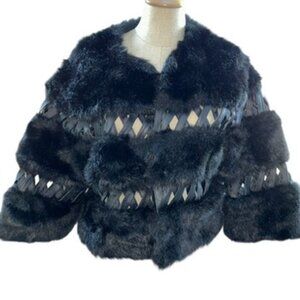 terry Lewis black leather trim fauxfur short bomber jacket M